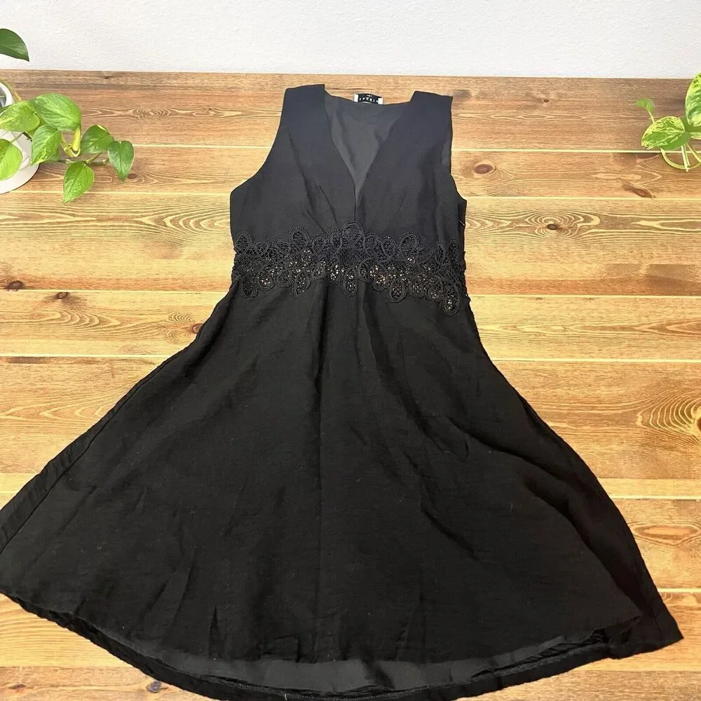 Sandro Paris Dress‎ 36 Elena Black Sleeveless V Neck Sheer Lace Panel Fit Flare - Picture 6 of 10